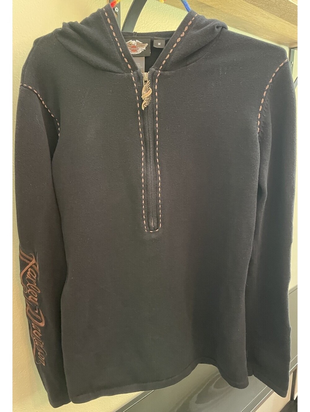 Women’s Black/Orange Harley-Davidson Half-Zip Thin Sweater Size Medium